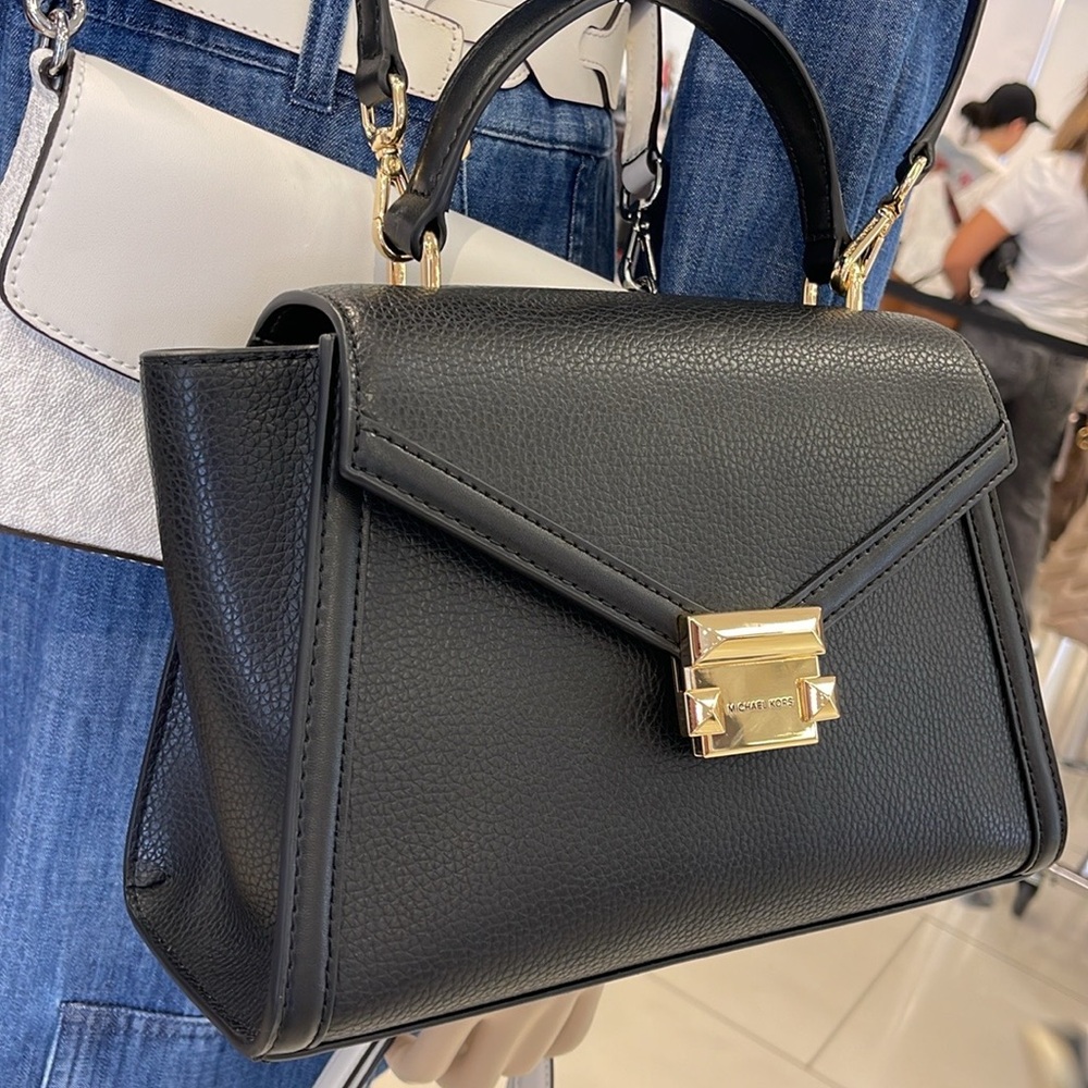 Michael Kors Whitney Medium Leather Flap Satchel Shoulder Crossbody Bag Black